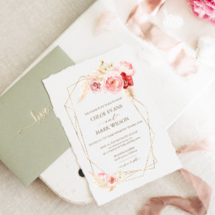 Convites Casamento Dourado de Frame rosas e Pampas