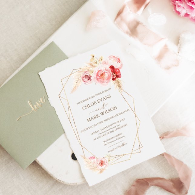 Convites Casamento Dourado de Frame rosas e Pampas (Criador carregado)