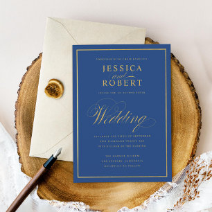 Convites Casamento Dourado de Fronteira Elegante Marinho Es