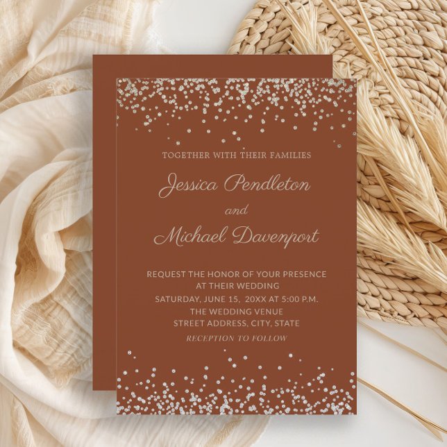 Convites Casamento Dourado de Glitter Terracotta Elegante M (Terracotta wedding invitation with elegant script)