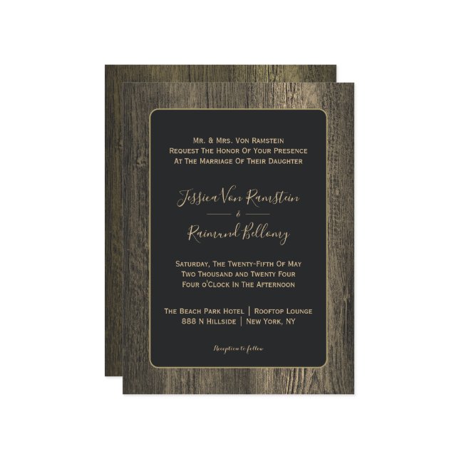 Convites Casamento Dourado de grãos de madeira (Frente/Verso In Situ)