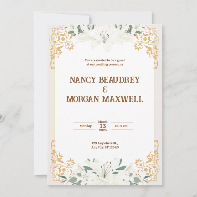 Convites Casamento Dourado de Ilustração de Aquarela Floral (Frente)