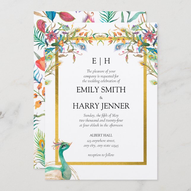 Convites Casamento Dourado de Jardim Floral Colorida (Frente/Verso)