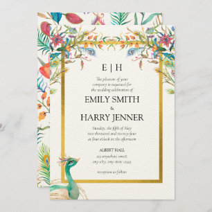 Convites Casamento Dourado de Jardim Floral Colorida