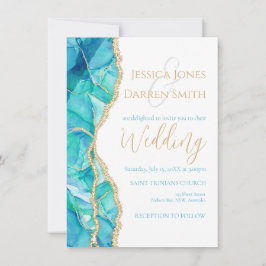 Convites Casamento Dourado de Largura de Água Azul Elegante