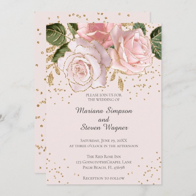 Convites Casamento Dourado de Largura Floral com Aquarela R (Frente/Verso)