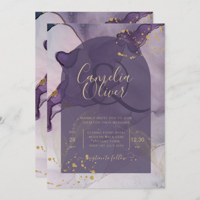 Convites Casamento Dourado de Lavanda Roxo de Mente de Tint (Frente/Verso)