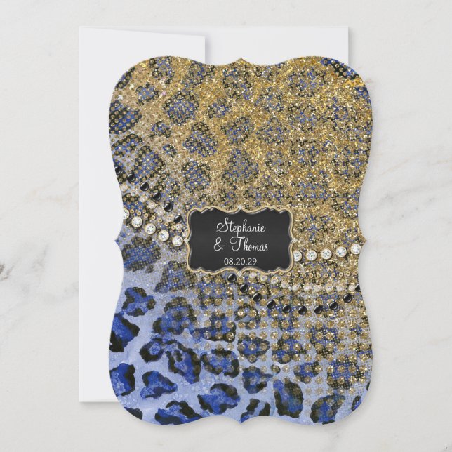 Convites Casamento Dourado de Leopardo Azul com Impressão L (Frente)