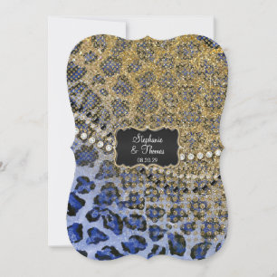 Convites Casamento Dourado de Leopardo Azul com Impressão L