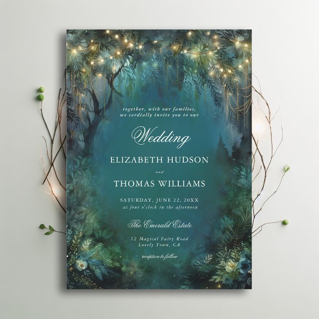 Convites Casamento Dourado de Luz de Fada de Floresta Encan (enchanted forest woodland wedding invitation emerald green gold magical bespoke romantic)