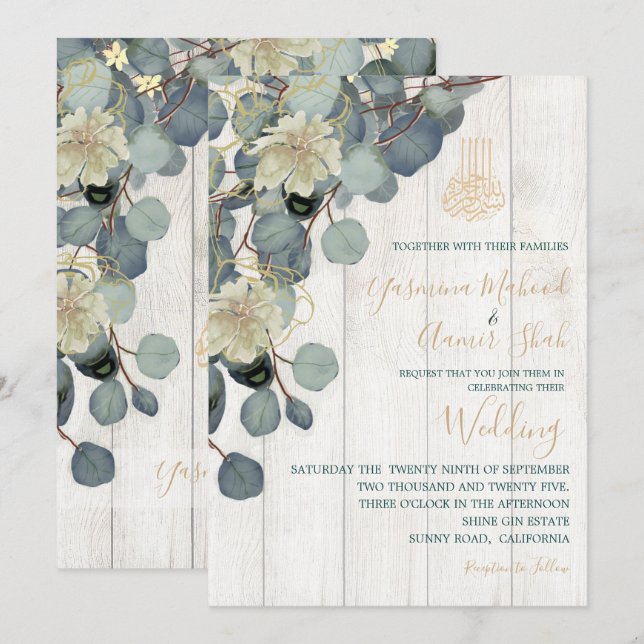 Convites Casamento Dourado de Madeira Rústica do Bismillah  (Frente/Verso)