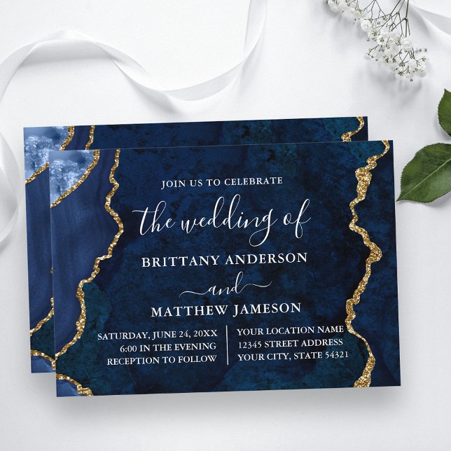 Convites Casamento Dourado de Marble Azul de Aquarela (Customize to change text size, text style or to add more text to back of card.)