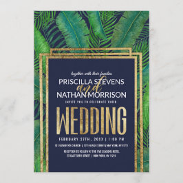 Convites Casamento Dourado de Marinho Azul com Palma Tropic