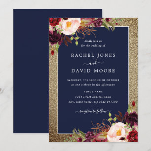 Convites Casamento Dourado de Marinho Borgonha Floral Water