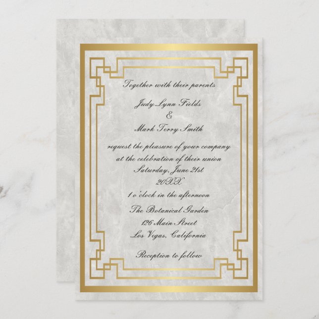 Convites Casamento Dourado de mármore branco com quadro geo (Frente/Verso)
