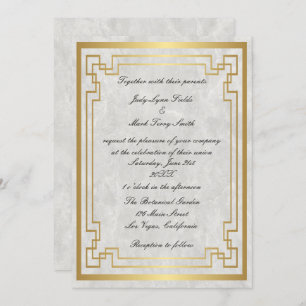 Convites Casamento Dourado de mármore branco com quadro geo