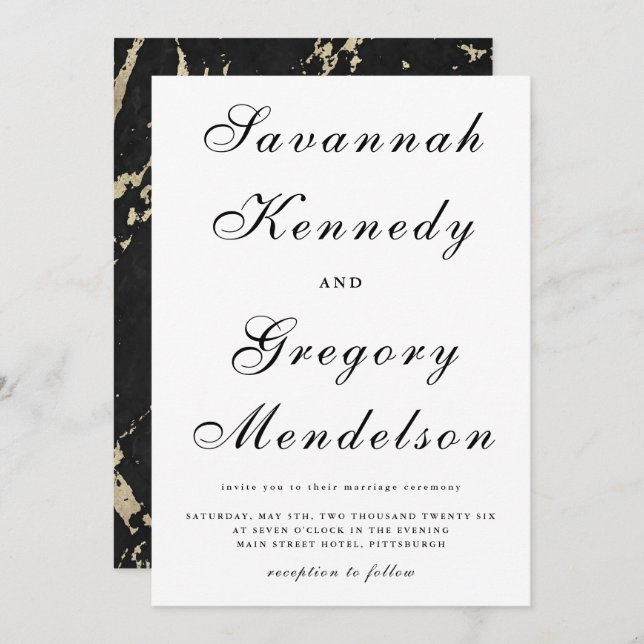 Convites Casamento Dourado de mármore clássico e legante Fa (Frente/Verso)