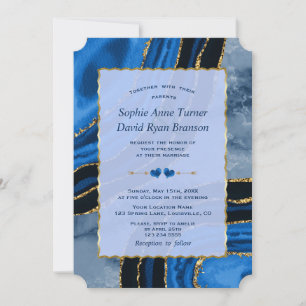 Convites Casamento Dourado de mármore com agata azul-Marinh