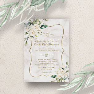 Convites Casamento Dourado de mármore com Flores Brancas De