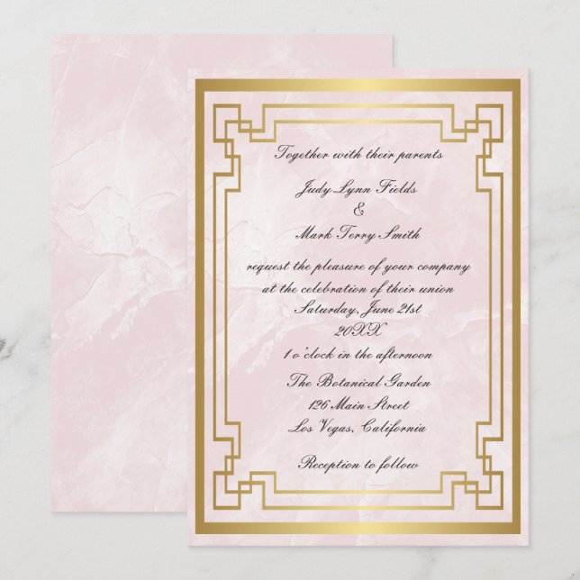 Convites Casamento Dourado de mármore rosa com quadro geomé (Frente/Verso)