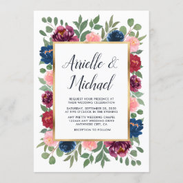 Convites Casamento Dourado de Marsala Azul-Marinho-Rosa-Blu