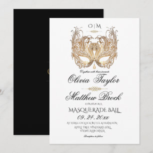 Convites Casamento Dourado de Mascarada branco