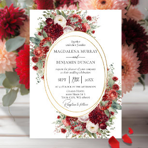 Convites Casamento Dourado de Moldura Dahlia Floral Vermelh