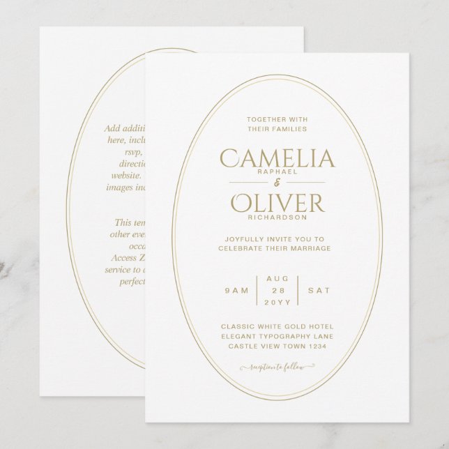 Convites Casamento Dourado de MONOCROME Clássico Elegante (Frente/Verso)