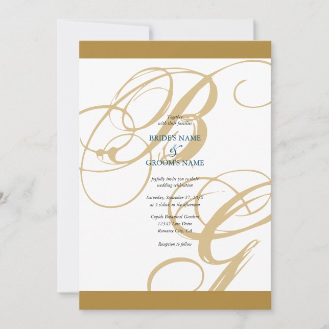 Convites Casamento Dourado de Monograma de Script Elegante  (Frente)