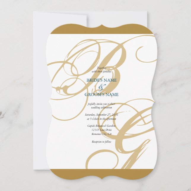 Convites Casamento Dourado de Monograma de Script Elegante  (Frente)