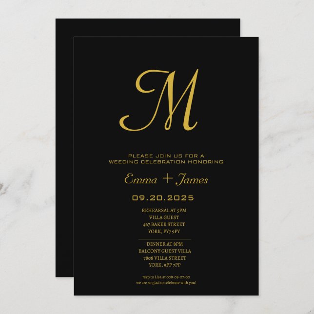 Convites Casamento Dourado de Monograma de Script Minimalis (Frente/Verso)