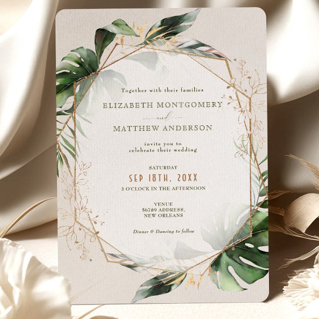 Convites Casamento Dourado de Monstera Verde de Monstera Tr (Criador carregado)