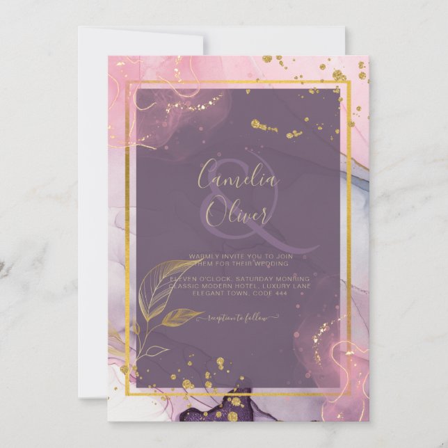 Convites Casamento Dourado de Múrpura Roxo de Lavanda LeahG (Frente)