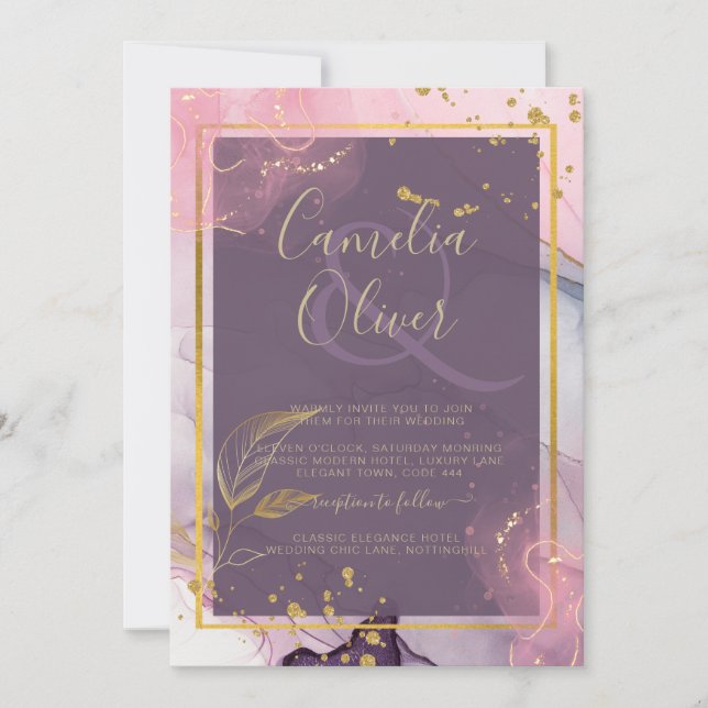 Convites Casamento Dourado de Múrpura Roxo de Lavanda LeahG (Frente)