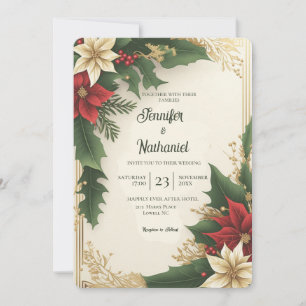 Convites Casamento Dourado de Natal  com o Red Berries