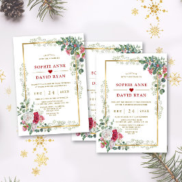Convites Casamento Dourado de Natal encantador com vermelho