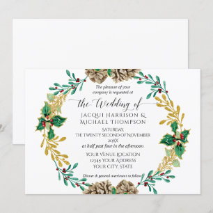 Convites Casamento Dourado de Natal Pine Cone Greenery