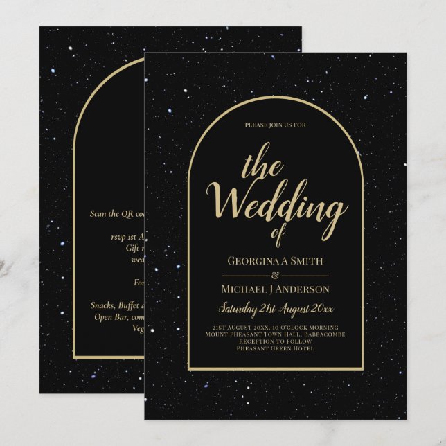 Convites Casamento DOURADO de Noite Estelar Mística Negra (Frente/Verso)