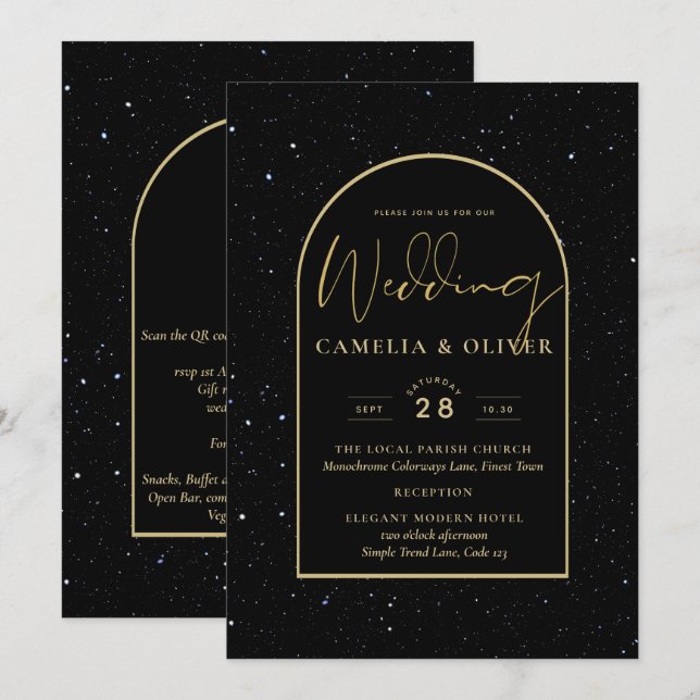 Convites Casamento DOURADO de Noite Estelar Mística Negra (Frente/Verso)