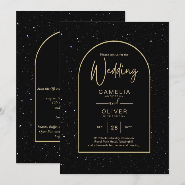 Convites Casamento DOURADO de Noite Estelar Mística Negra (Frente/Verso)