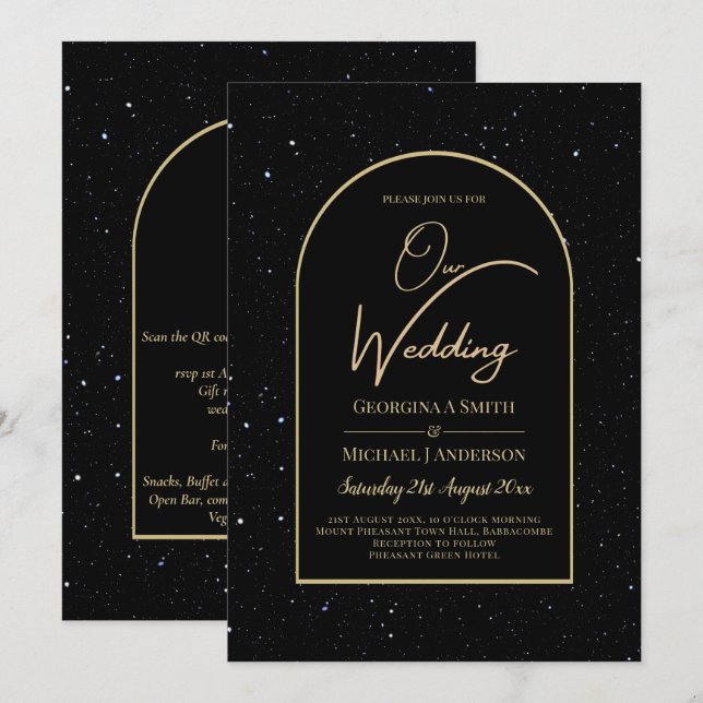 Convites Casamento DOURADO de Noite Estelar Mística Negra (Frente/Verso)
