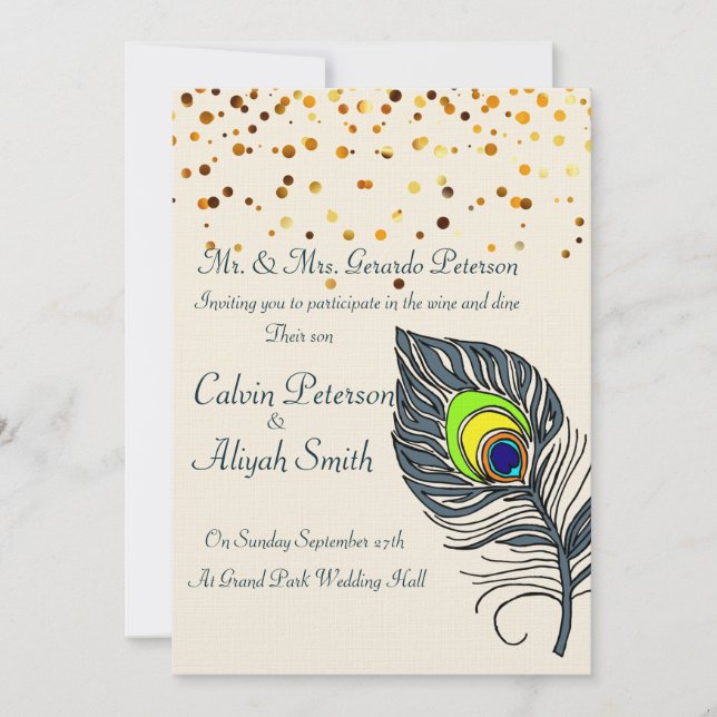 Convites Casamento Dourado de Penas de Peacock Confetti (Frente)