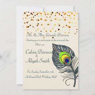 Convites Casamento Dourado de Penas de Peacock Confetti
