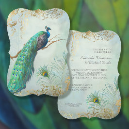 Convites Casamento Dourado de Penas Elegante Aqua Azul