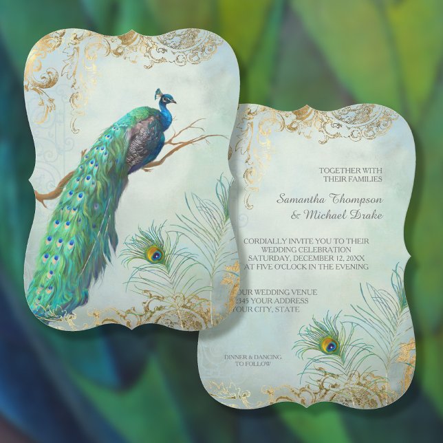 Convites Casamento Dourado de Penas Elegante Aqua Azul (Criador carregado)