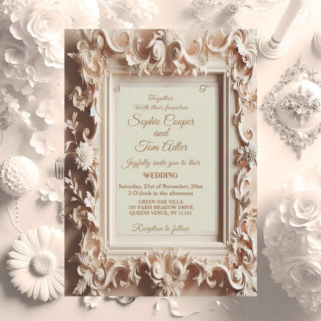 Convites Casamento Dourado de Pessegueira de Opulência Barr (Elegant Baroque Opulence Peach Gold Frame Wedding Invitation)