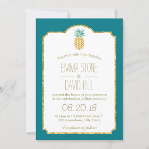 Convites Casamento Dourado de Pineapple havaiano moderno