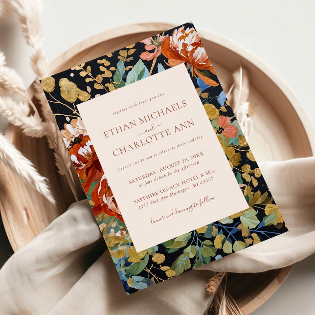 Convites Casamento Dourado de Pintura Floral de Peonia Lara (Criador carregado)