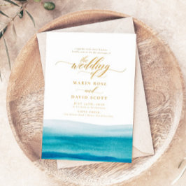 Convites Casamento Dourado de Praia com Oceano Watercolor
