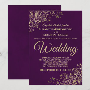 Convites Casamento Dourado de Púrpura de Plum Simples Chic